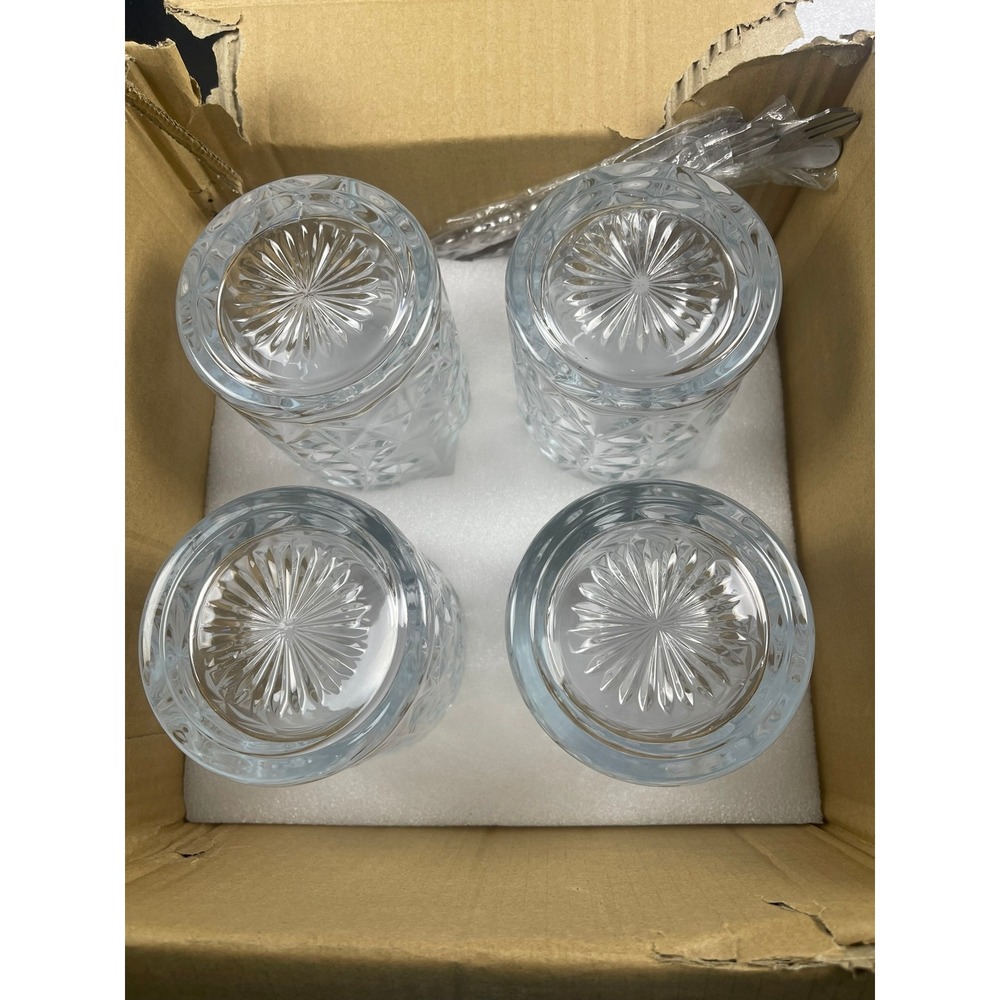 Set of 4 Cocktail Mixing Glass with Bar Spoons Diamond Cut Clear Glass Set